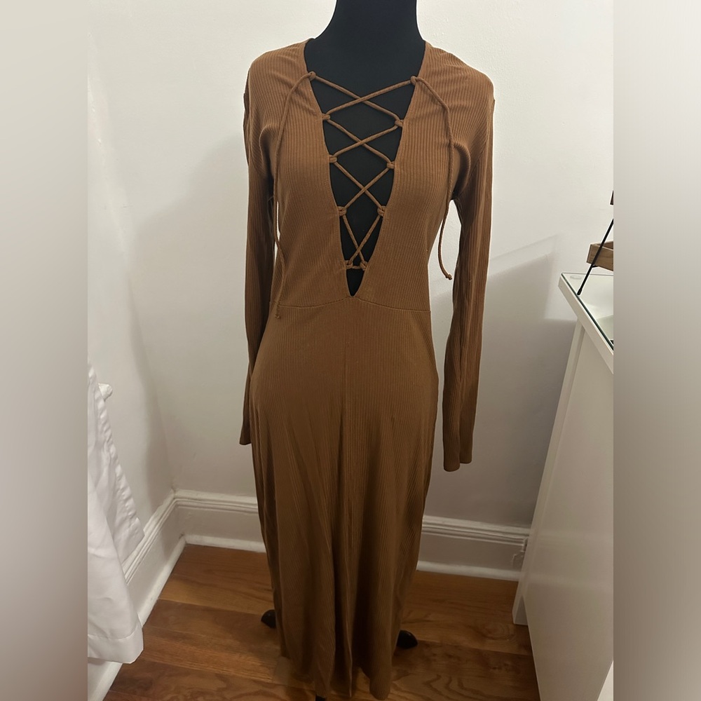Reformation Edison Long Sleeve Ribbed Midi Dress Lace Up - SIZE LARGE
